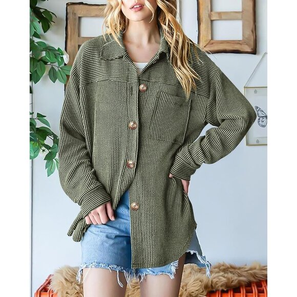 Women's Oversized Button Down Shacket Shirt Long Sleeve Fall Textured - Picture 7 of 8